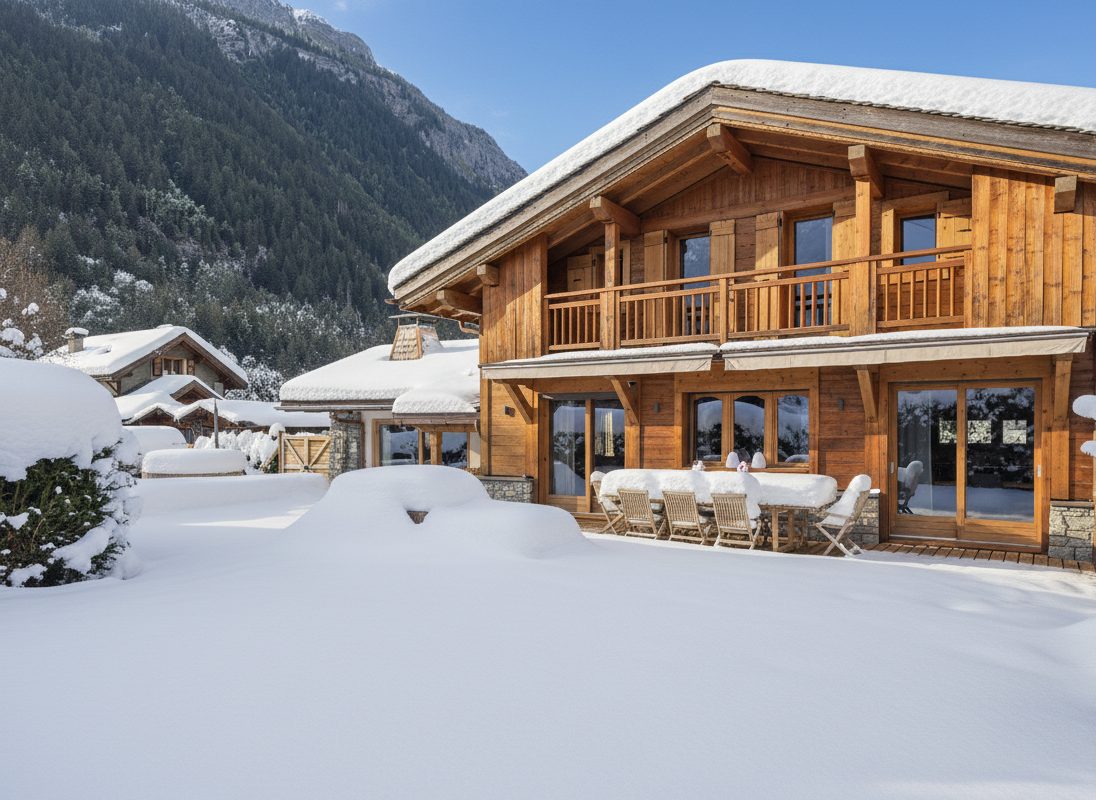 Chalet Unique Escape under fresh snow, with its terrace and the mountains behind