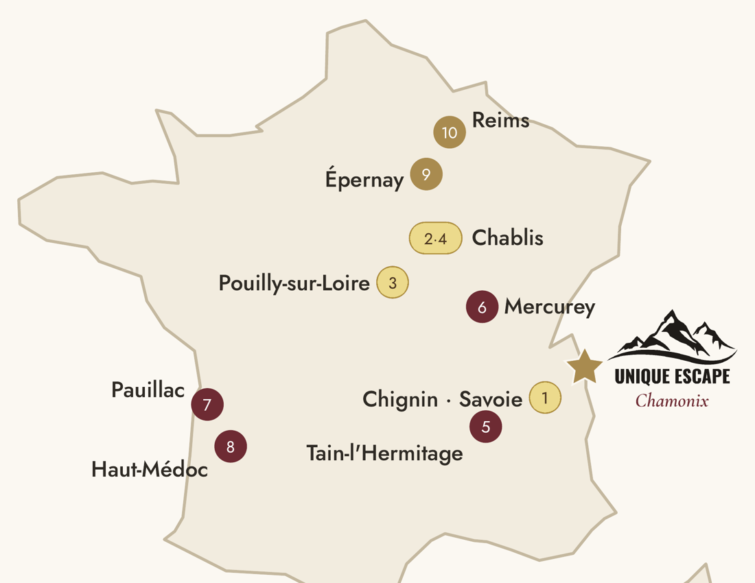 Map of France showing where each wine comes from, numbered 1 to 10, with the chalet in Chamonix
